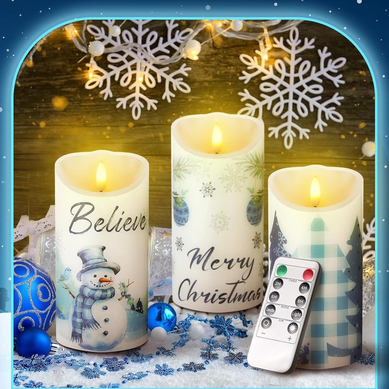 ROCEEI Store 3 Pcs Christmas Snowflake Style Candles Battery Operated LED Candles Winter Christmas Snowflake Style Pillar Flickering Real Wax Decorations for Indoor Table Decor Xmas Gifts Holiday Party - Image 3